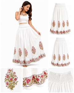 Falda larga de algodón floral rosa al por mayor, con cintura fruncida, estilo bohemio casual, estampado a mano, India - Product Image 6