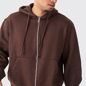 Conjunto de Sudadera con Capucha y Cremallera para Hombre, Color Marrón, con Pantalones Cortos Casuales de Felpa, Atuendo Combinado para Otoño, de Algodón Tejido, Color Sólido - Product Image 3