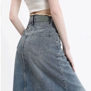 Summer Female Raw Edge Thin Jeans Skirt Lady Retro Blue Mid-Long Dress Women Trendy Solid High Waist Denim Skirt - Product Image 2