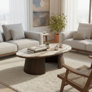 Mesa de centro ovalada con superficie de mármol y patas de madera en forma ovalada para sala de estar - Product Image 2