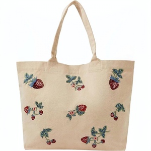Reusable Embroidered Strawberry <b>Canvas</b> <b>Tote</b> <b>Bag</b> Beige Shoulder Handbag with Floral Fruit Pattern Medium Beach & Groceries - Product Image 1