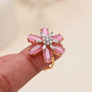 Rose Quartz Flower <b>Ring</b> <b>Gold</b> Plated Pink Crystal Floral Statement <b>Cocktail</b> <b>Ring</b> Handmade Jewelry Wholesale Price - Product Image 3