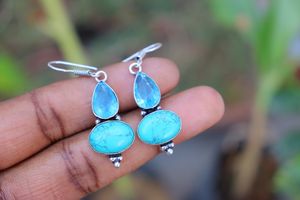 Pendientes de Plata de Ley con Turquesa Tibetana Natural y Topacio Azul, Certificados por IGI, Diseño Art Deco, para Uso Diario y Fiestas, Regalo para Ella - Product Image 4