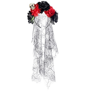 Diadema de Tul Multiusos con Diseño Gótico Espeluznante, Calavera Realista, Adorno Floral Negro y Rojo, y Malla de Telaraña Rota - Product Image 1