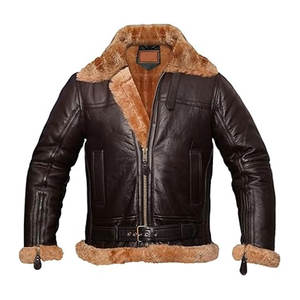 Blouson aviateur pour homme en cuir véritable, doublure en fourrure, marron, chaud pour l'hiver, classique, veste bomber - Product Image 3