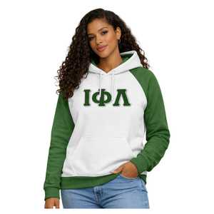 เสื้อฮู้ดแขนยาวสีขาว Iota Phi Lambda Sorority พร้อมแขนเสื้อสีเขียวมรกต ลายตัวอักษรกรีก เสื้อผ้าลำลองสำหรับผู้หญิง - Product Image 3