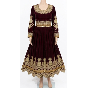 Vestido Kurta Tradicional de Terciopelo para Mujer, Corte Regular, Bordado en Dorado y Marrón, Largo Regular, para Fiestas y Bodas, Estilo Afgano de Invierno - Product Image 1