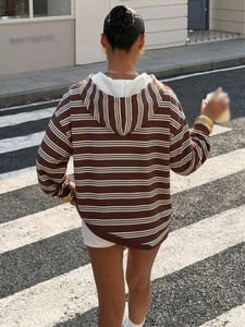 Women's Brown Striped French Terry Pullover Hoodies Oversized Drop Shoulder Casual Streetwear Custom Logo Wholesale Supplier - Product Image 2