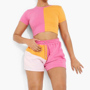 Women's 2-Piece Color Blocked Shorts <b>Set</b> Pink Yellow Cotton Casual Crew Neck Short Sleeve <b>Knitted</b> Regular Fit Above Knee - Product Image 6