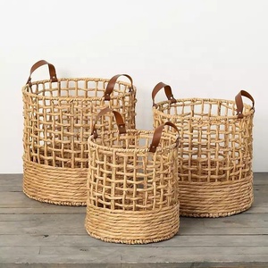 Hyacinth Round Seagrass Laundry <b>Baskets</b> with Handles Water-Resistant 30x30xH25 Cm-VINACRAFT JSC <b>for</b> <b>Bathroom</b> <b>Storage</b> Home Decor - Product Image 2