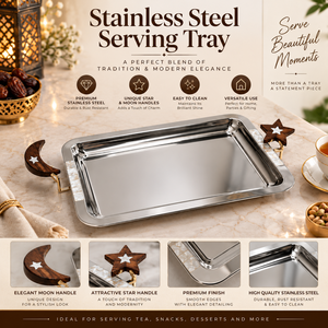 Rectangular Stainless Steel Serving <b>Tray</b> with Moon Star <b>Wooden</b> Handles | Elegant Platter for Tea Snacks Desserts and Parties Use - Product Image 5