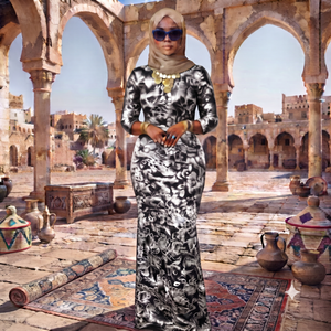 Robe Fransawi Dirac gris argenté et or pour femmes |   Maxi somalien en velours imprimé floral de luxe - Product Image 2