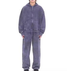 Ensemble de survêtement complet en coton épais 100 %, style rétro délavé à l'acide, comprenant un sweat à capuche oversize et un pantalon de survêtement évasé, conçu pour le streetwear haut de gamme - Product Image 2