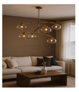 Premium 1950s Mid Century Modern Brass LED Chandelier 6 Metal <b>Shade</b> Adjustable Height <b>Ceiling</b> Pendant Vintage Style Home Fixture - Product Image 1