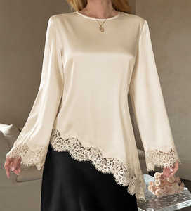 Women's Satin Lace Trim Blouse Long Sleeve Asymmetrical Hem Elegant Loose Fit Casual Fashion <b>Top</b> - Product Image 2