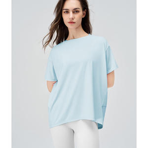 T-shirt de yoga pour femme en coton et élasthanne brossé, col rond, coupe ajustée, manches courtes, haute résilience, respirant, séchage rapide - Product Image 5