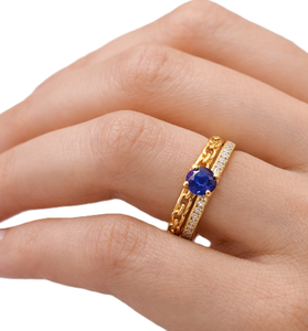 Anillo de Diamantes de Zafiro Redondo, Color DEF, Claridad VS VVS, Oro Sólido de 14K, Diseño de Cadena con Pavé, Anillo de Boda Único - Product Image 6