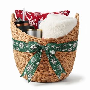 Panier cadeau en jacinthe d'eau avec ruban flocon de neige, décorations de Noël, artisanat, panier de rangement rond, style traditionnel - Product Image 3