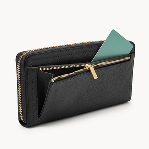 Leather Zipper <b>Wallet</b> Minimalist Design Black Women's Clutch Daily Use All Seasons - Product Image 1