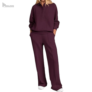 OEM Wholesale Autumn Winter Women Clothing Set Button Polo Neck Long Sleeve Pullover Tops and Wide Leg Sweatpants 2 Piece Lounge - Product Image 1