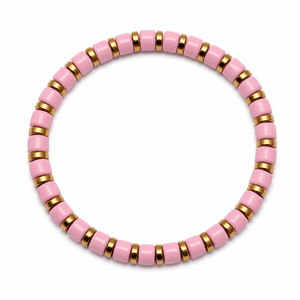Wholesale Trendy Fashion Pink Zinc Beaded Metal Ball <b>Stretch</b> <b>Bracelet</b> with Gold Tone Spacers for Women Party Occasion - Product Image 1