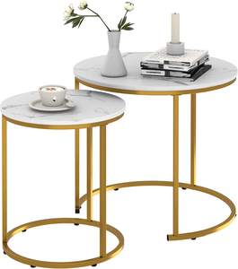 <b>Round</b> <b>Nesting</b> <b>Coffee</b> <b>Table</b> White & Gold Finished Modern Living Room <b>Tables</b> with Wooden Top Sturdy Metal Legs - Product Image 1