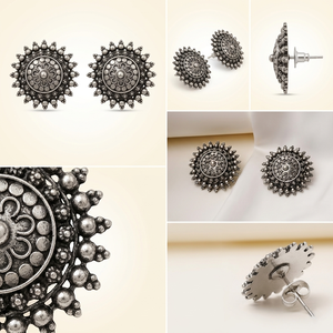 Swadeshi Pitara 925 <b>Silver</b> Ancient Dhal Inspired <b>Stud</b> <b>Earrings</b> with Diamond Vintage Flower Pattern Trendy 3.8cm - Product Image 3