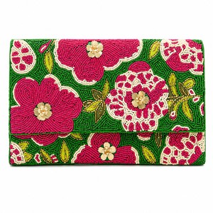 Beaded Floral Clutch Green Pink Flowers Embroidery Women's Evening Wedding Handbag Elegant Party Clutch - Product Image 1