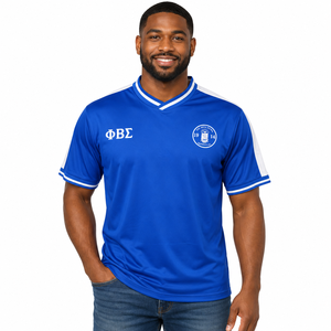 Maillot de football Phi Beta Sigma bleu roi et blanc, col en V, manches courtes, avec lettres grecques, pour hommes, idéal pour le sport et la fraternité athlétique - Product Image 1