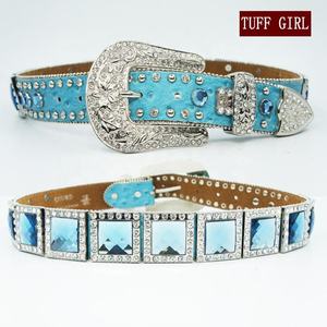 Ceinture en cuir bleu ciel pour femme, style western, avec conchos en pierre taillée prismatique, 115 cm - Product Image 2