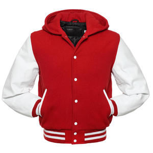 <b>Mens</b> Red And <b>White</b> Hooded Varsity <b>Jacket</b> Snap Button Letterman Casual Streetwear Coat - Product Image 1