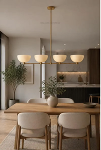 Lustre LED linéaire en laiton de style Mid-Century Designer, 4 lumières, suspension pour îlot de cuisine, abat-jour minimaliste en forme de bol, luminaire de plafond - Product Image 4