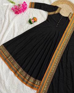 Good Quality Vichitra Silk with Embroidered Border & Full-Flared Readymade <b>Ankle</b>-Length Anarkali Kurti-Dupatta Indian Supplier - Product Image 2