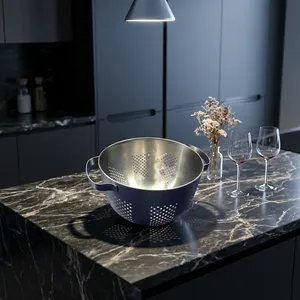 Blue Coated Stainless Steel Metal Colander Strainer for Washing Fruits <b>Vegetables</b> Pasta Rice Kitchen Food Draining Basket - Product Image 3