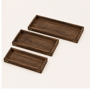 <b>Set</b> Of 3 Rustic Wooden Serving Trays With Brass Accents Nesting Rectangular Wood Platter For Coffee Table <b>Breakfast</b> In Bed - Product Image 1