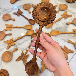 Wooden Tea Strainer Spoon Sunflower Carved Vietnam Handicraft Doussie Material Kitchenware Gift Set Bulk Export - Product Image 1