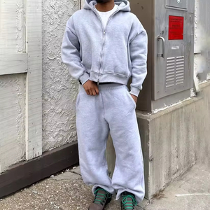 Custom Streetwear Boxy Fit Tracksuit Two Way <b>Zip</b> <b>Hooded</b> Jacket Loose Fit Straight Leg Sweatpants Grey Heavy Fleece OEM - Product Image 1