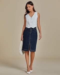 Jupe en jean taille haute style vintage avec fente avant, design tendance, grande taille, pour femme - Product Image 5