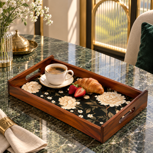 Bandeja de Servir Artesanal Moderna de Madera de Teca con Base Floral y Asas Marrón/Negro con Bordes Elevados |   Comedor Rectangular Multifuncional - Product Image 3