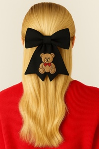 High-Quality Embroidery Classic <b>Black</b> Bow Base Great Gift Item Cute Teddy Bear Hair Bow Clip Bow with Red Bowtie Strong Clips - Product Image 1