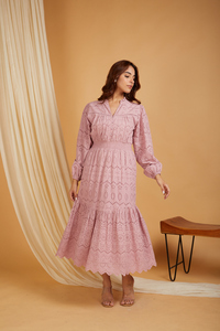 Mauve Eyelet Embroidered Maxi <b>Dress</b> <b>Long</b> Puff Sleeve Smocked Waist Tiered Hem Woven Cotton Prairie Chic Casual Midi <b>Dress</b> - Product Image 4