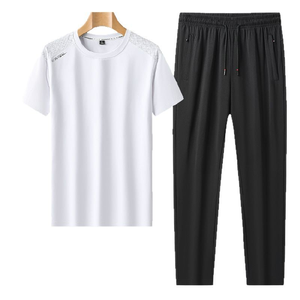 Men Summer Casual Two Piece <b>Set</b> White T-Shirt Black Pants Quick Dry <b>Knitted</b> Polyester Solid Color Plus Size - Product Image 1