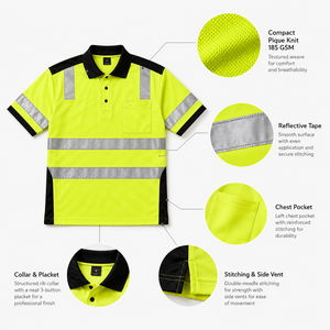 Polo de travail jaune haute visibilité réfléchissant avec bordure noire et poche poitrine, espace pour logo personnalisé - Product Image 2