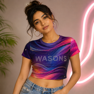 Camiseta Corta Personalizada para Mujer, Spandex/Algodón, con Pedrería, Estampado Vibrante por Sublimación, Moda Urbana, Proveedor Mayorista - Product Image 1