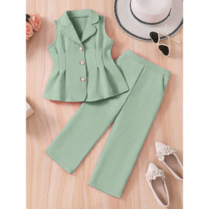 Ensemble Blazer sans Manches à Volants et Pantalon Droit pour Filles, Vert Sauge, 2 Pièces, Tenue Formelle Gilet et Pantalon pour Enfants - Product Image 1