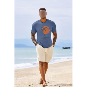 T <b>Shirt</b> Blue Slate Palm Tree Sunset Tropical Graphic Short Sleeve Casual Summer Cotton Top - Product Image 2