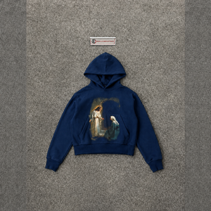 เสื้อฮู้ดดี้สีน้ำเงินกรมท่า 100% ผ้าฝ้ายเนื้อนุ่ม พิมพ์ลายพระเยซูคริสต์และพระแม่มารี สไตล์คริสเตียน ทรงปกติ ใส่สบาย เหมาะสำหรับฤดูใบไม้ร่วง ดีไซน์โลโก้ด้านหน้า - Product Image 5