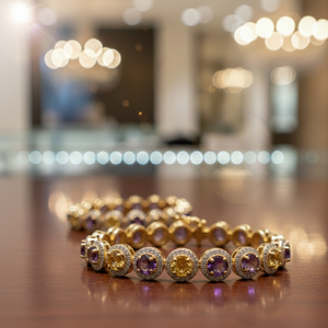 ราคาขายส่ง กำไลข้อมืออเมทิสต์สีเหลืองและสีน้ำเงิน เงินแท้ 925 ชุบทอง 18K ประดับพลอยรูปไข่ สำหรับผู้หญิง - Product Image 2