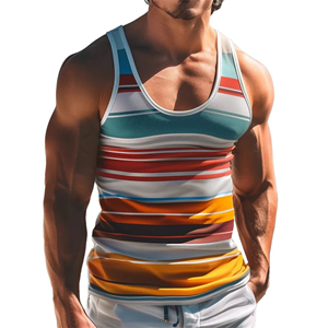 เสื้อกล้ามถักลายทางดิจิทัลแบบเรียบง่าย เป็นมิตรกับสิ่งแวดล้อม แฟชั่นผู้ชาย เสื้อแขนกุดลำลองสำหรับฤดูร้อน เสื้อกีฬา คอกลม - Product Image 1