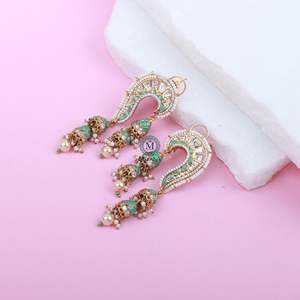 Rikita Mint Green Polki Designer Chandelier Earrings in Brass with Ruby and Emerald - Product Image 2